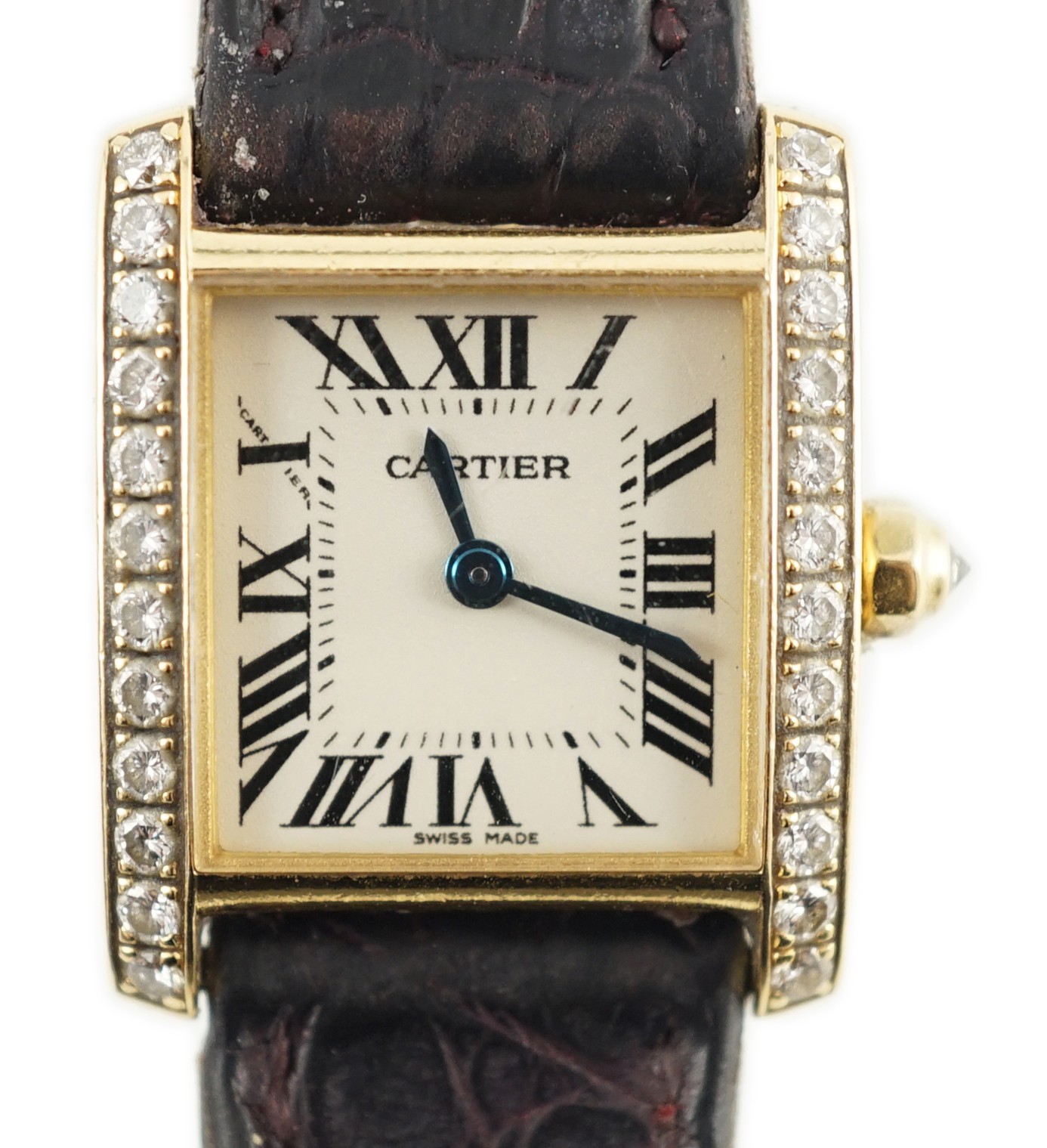 A lady's 2000 18k gold Cartier Tank Francaise square dial quartz dress wrist watch, with round brilliant cut diamond set case